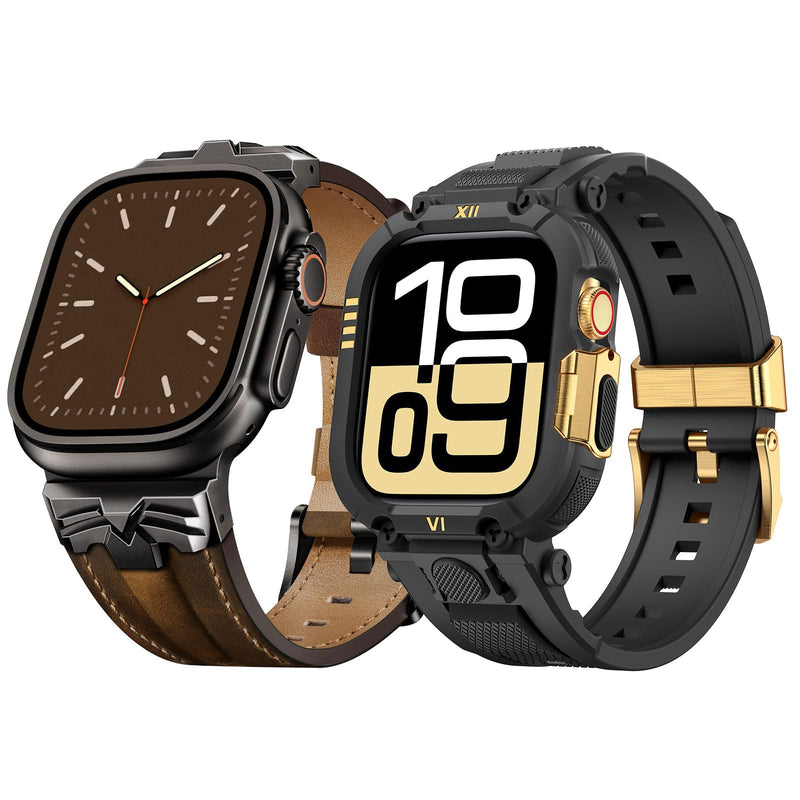 DABAOZA Rugged Leather Band with Case Compatible for Apple Watch 45mm 44mm Metal Replacement Strap Series 9 8 7 6 5 4 SE 3