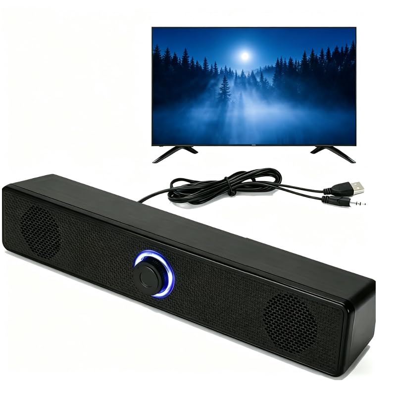Computer Speakers USB Powered Wired Stereo with Illuminated Volume Knob and 3.5mm Aux Plug for PC Desktop Laptop Office with Clear Audio Easy Setup and Portable Design Black
