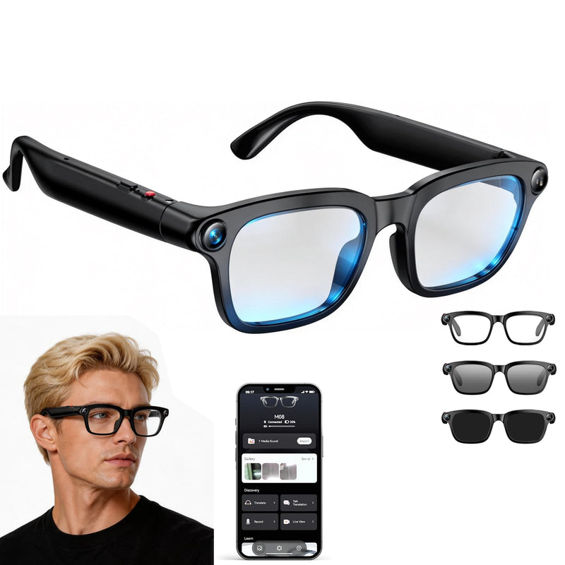 Smart Glasses with Camera, 4K HD Video, 1080P Video Recording & Photo Capture, Open-Ear Bluetooth Audio, AI Translation & Voice Assistant, Dual Lens Wearable Sunglasses for Travel Sports