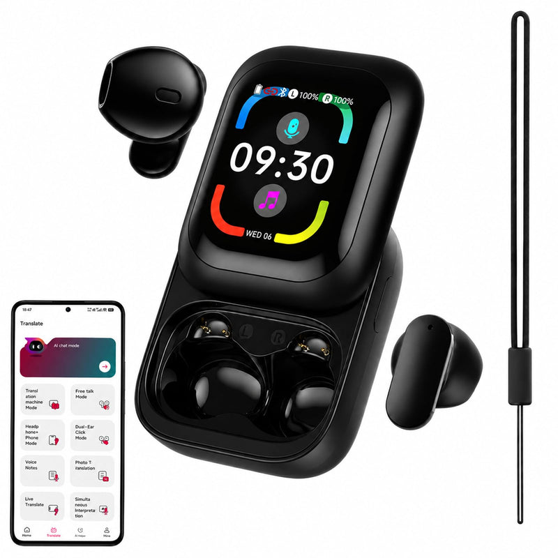 N04 AI Translator Headphones – 3-in-1 Real-Time Translation Earbuds with Touchscreen, 165+ Languages, Bluetooth 6.0 & 32H Battery – Perfect for Travel, Business, and Language Learning Black