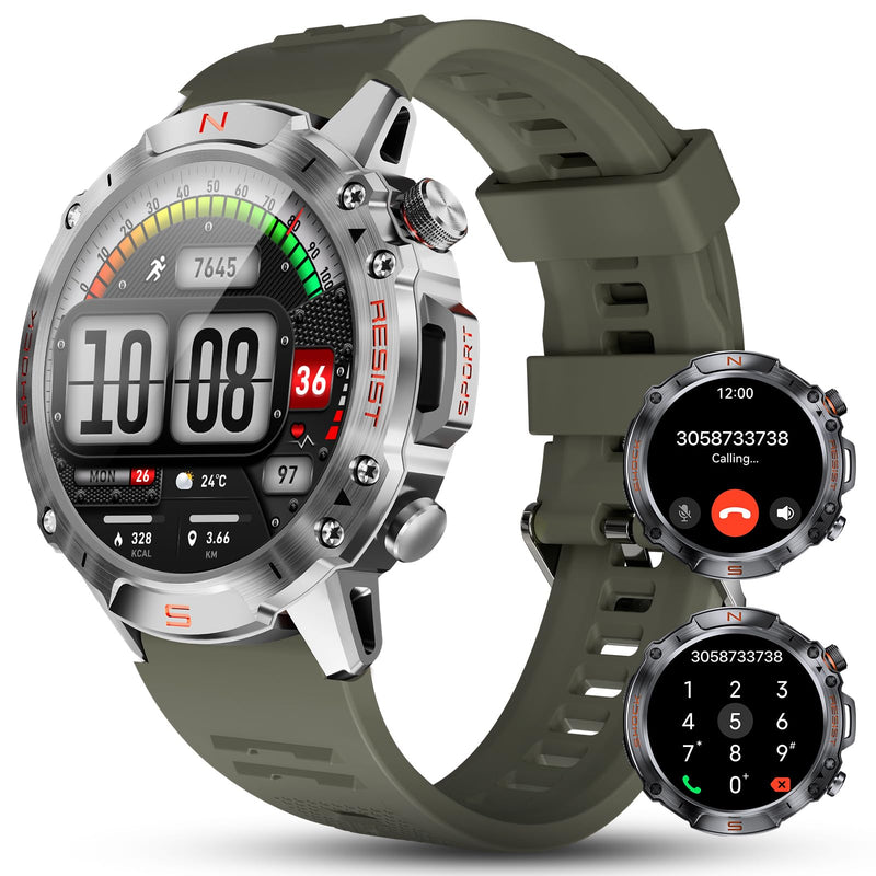 WalkerFit Men's Rugged Smart Watch, 1.43" AMOLED, BT Call, 5ATM Waterproof | Tactical watch featuring Zinc Alloy frame, 2 bands, SpO2 & Heart rate monitor, Bluetooth calls and 5ATM water resistance