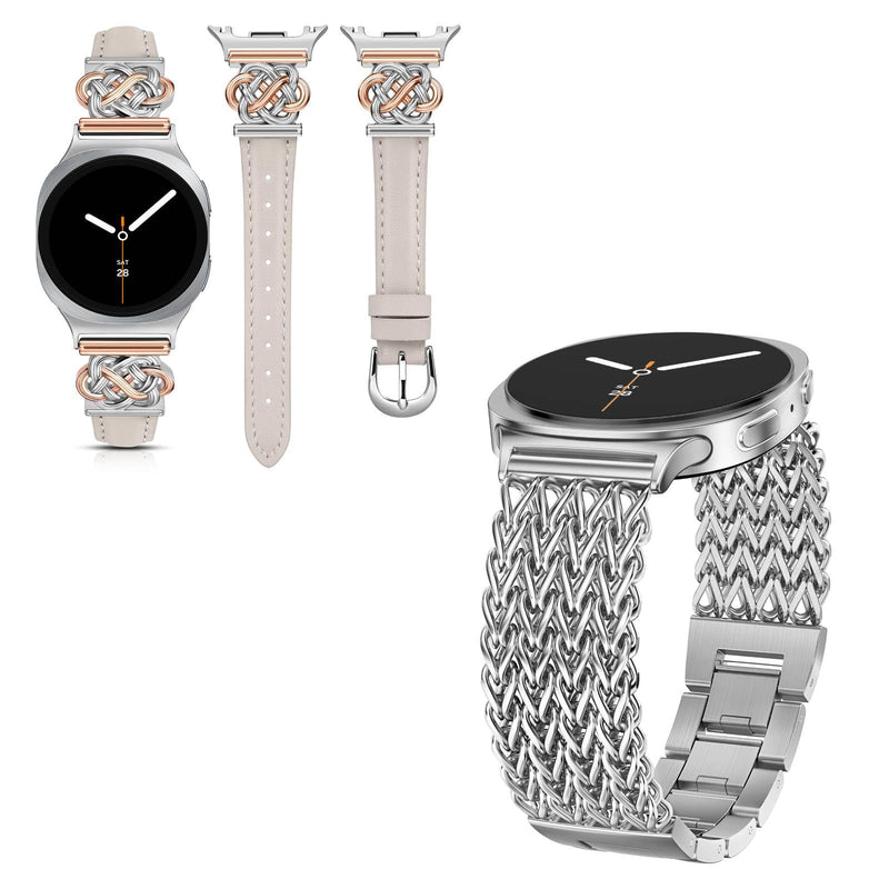 Minyee 2 Packs Watch Band Compatible with Samsung Galaxy Watch 8 40mm 44mm/ 8 Classic 46mm Band Women, No Gap One-Click Multi-chain Mermaid Style Link Bracelet & Soft Leather Designer Strap