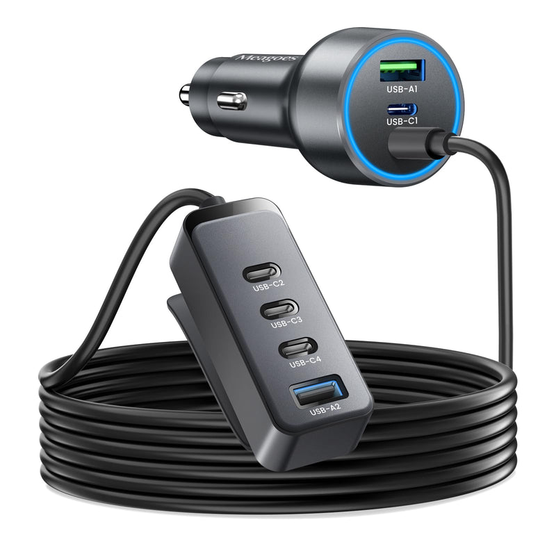 127.5W Fast USB C Car Charger Multiple Ports, 6 Port Road Trip Essentials | for iPhone 17/16/Android, Roadtrip Essentials for Kids, PPS 45W Supper Fast, 12V Cigarette Lighter Charger with 5FT Extension
