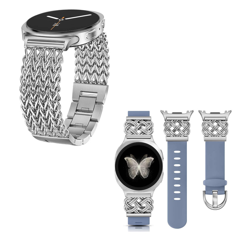 Minyee 2 Packs Watch Band Compatible with Samsung Galaxy Watch 8 40mm 44mm/ 8 Classic 46mm Band Women, No Gap One-Click Premium Silicone Strap & Multi-chain Mermaid Style Link Bracelet