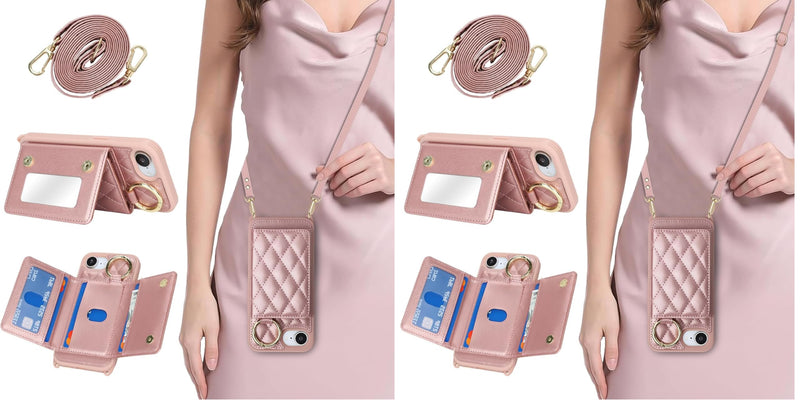 for iPhone 17e / 16e Case with Card Holder and Strap for Women,Crossbody Lanyard, Make Up Mirror,Ring Stand,Snap Clasp,Cute Phone Wallet Cases 6.1 inch - Dark Rose Gold (Pack of 2) for iPhone 17e / 16e 6.1 (Pack of 2)
