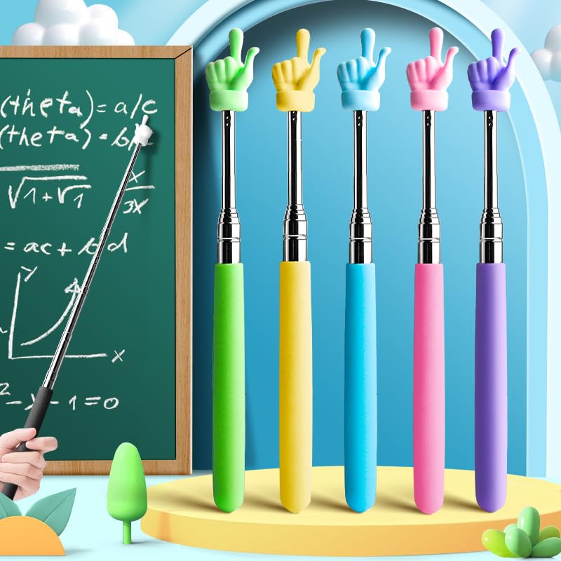 2pcs 2-Pack Retractable Teaching Pointers Telescopic Metal Shaft Soft Grip Finger-Shaped Tip for Classroom Whiteboard Presentations Office Training, Random Color