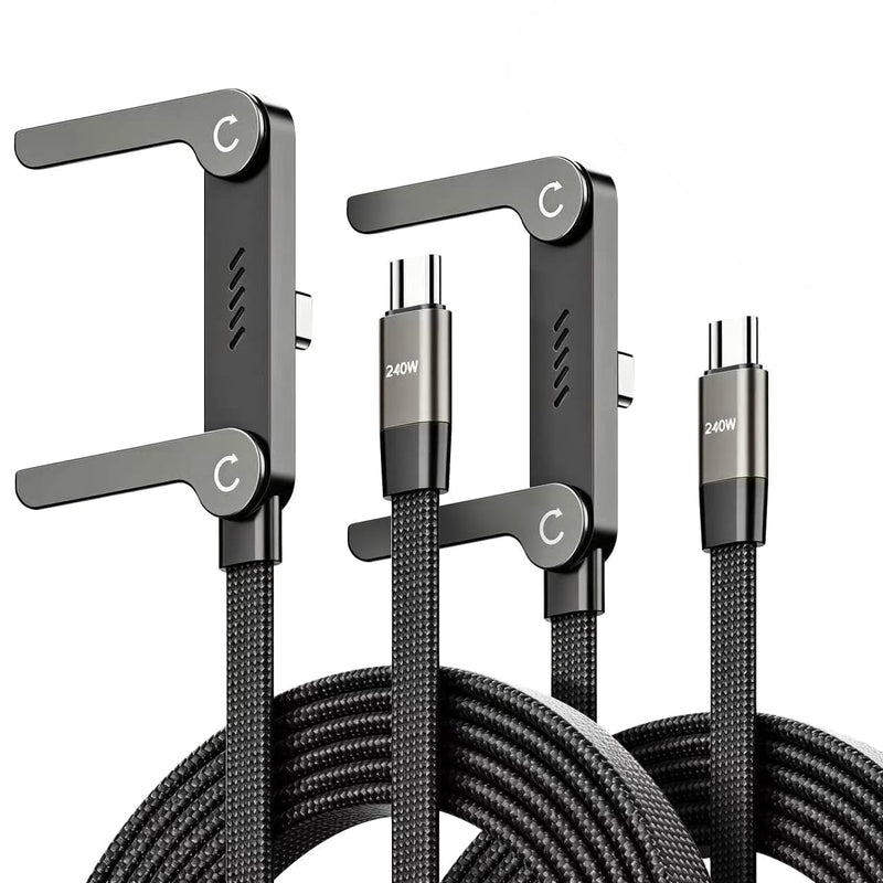 240W USB C to USB C Ultra Fast Charging Cable with Invisible Stand Flat Phone Charger 90 Degree Right Angle Plug T Shaped Foldable Stand Multi Functional Cord Black 4.9 Ft(2 Pack 2