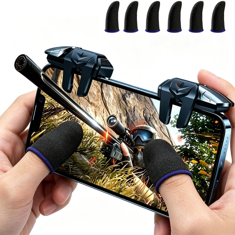 6 Finger Shooting Trigger Controller Sensitive Target Buttons Ergonomic Gamepad, Anti-Slip Anti-Sweat Gaming Finger Sleeves 1/3/6 Pairs for Smartphone FPS Shooting Battle Games Black + 3 Pairs