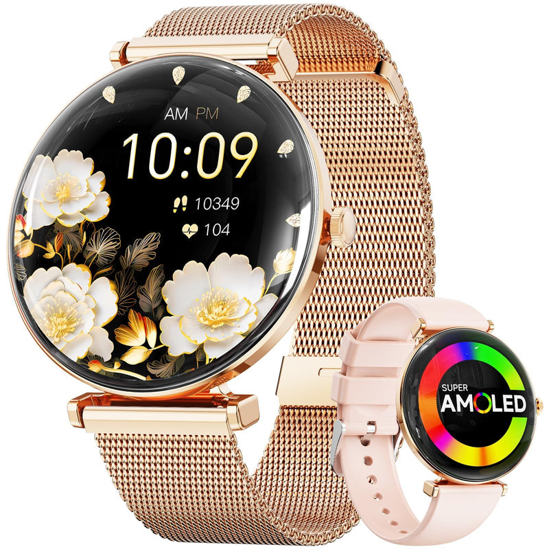 Hwagol Smart Watches for Women with Android iPhone Compatible[Calls/Metal Thin Body],1.43" Micro-Spherical AMOLED Screen,Sports Watch with Sleep/Heart Rate Monitor,Pedometer for Steps Miles (Gold) Gold