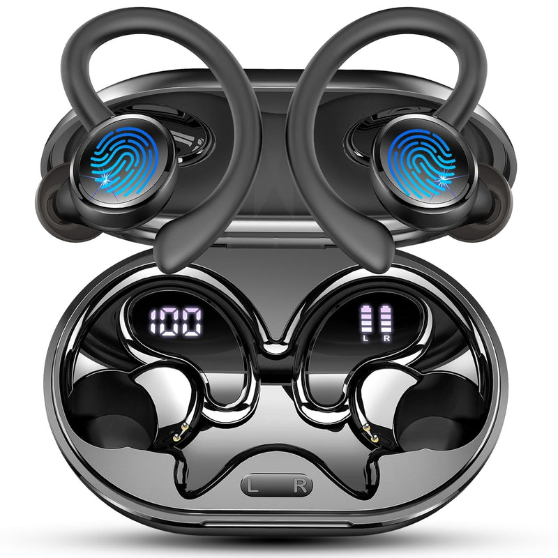 Wireless Earbuds, Bluetooth 5.4 Headphones, 75H Deep Bass Sound, Earhook | Sport, Over Ear Buds, 4 ENC Noise Cancelling Mic, Dual LED Display, IP7 Waterproof Earphones, Workout, Running, Gym Jet-Black