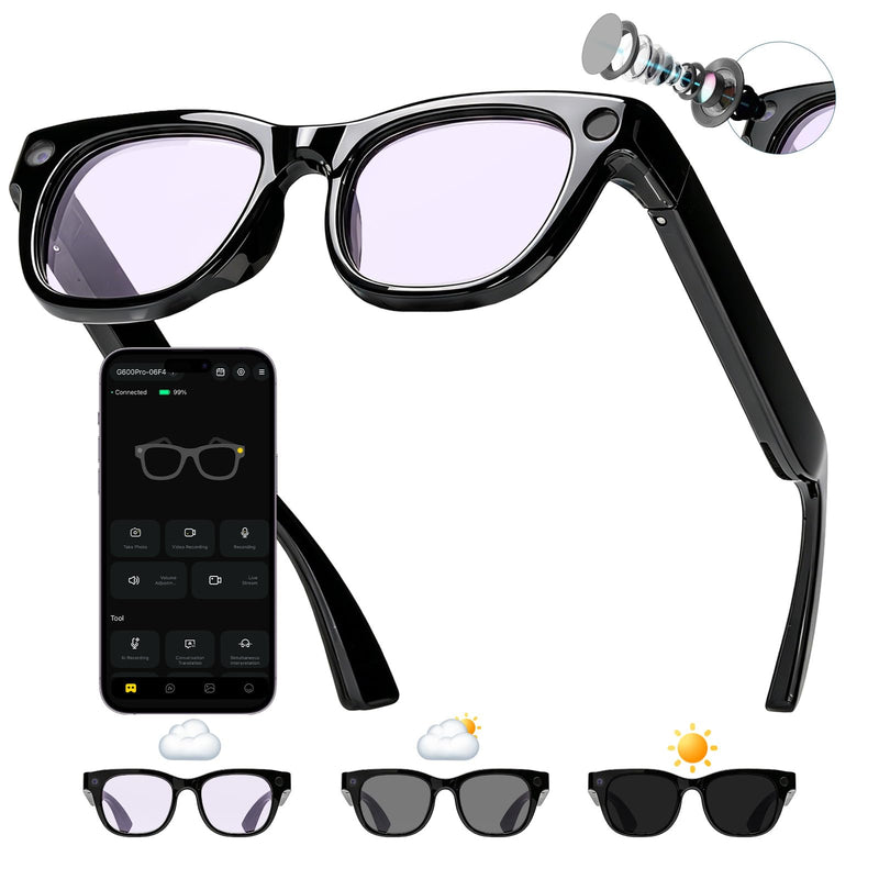 20MP AI Smart Glasses with Camera, High Resolution Photo Video, Photochromic Lens UV400, EIS Stabilization, Voice Assistant ChatGPT, Hands-Free Smart Sunglasses for Vlog, Photochromic Lens