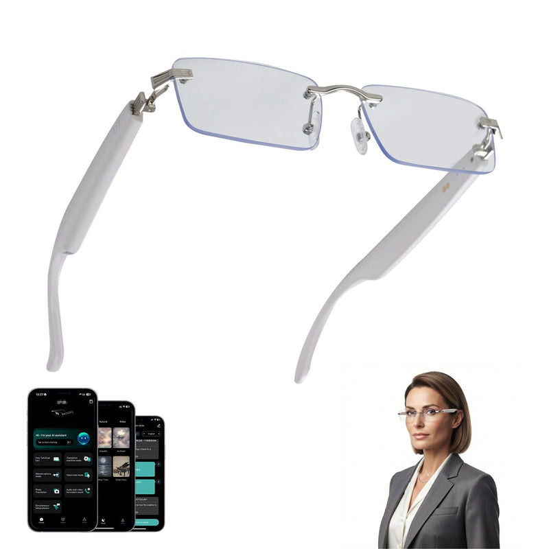 AI Translation Glasses with 164 Languages, Rimless Bluetooth Audio, Silver | 164-Language Real-Time Translation, Smart Speakers, Voice Assistant, Rimless Design for Travel, Work & Study