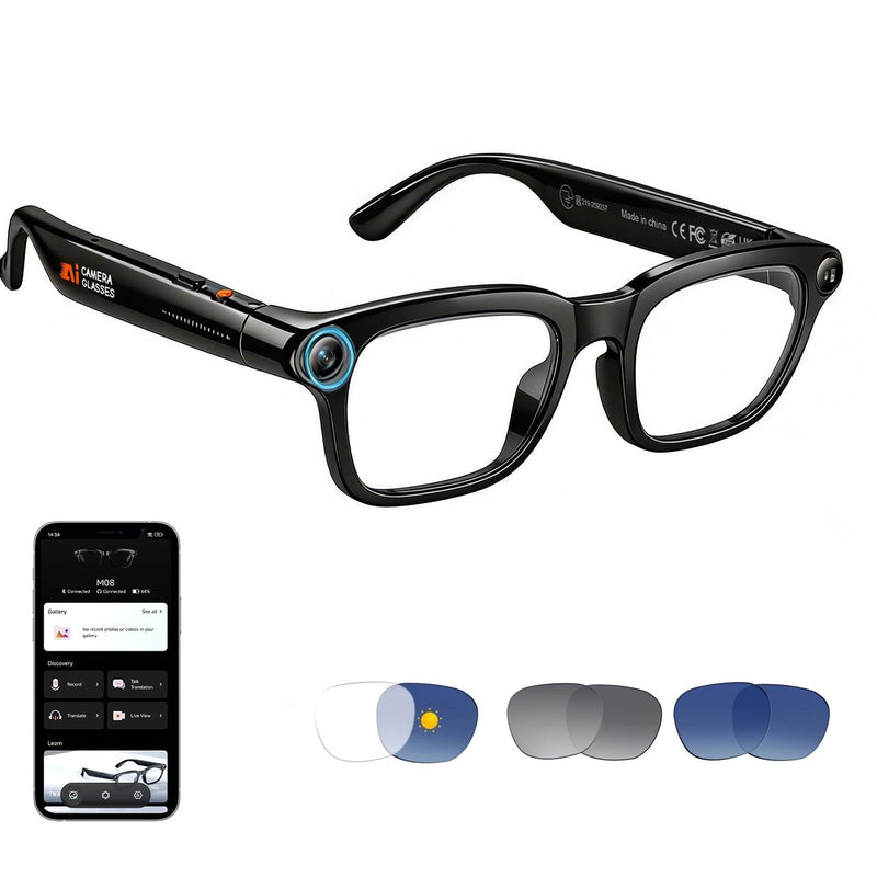 AI Smart Glasses with Camera, Interchangeable Lenses & Bluetooth Audio | 8MP Camera, 3-Lens System, AI Translation, Open-Ear Audio, Outdoor Smart Eyewear for Cycling, Travel & Sports Black-M08