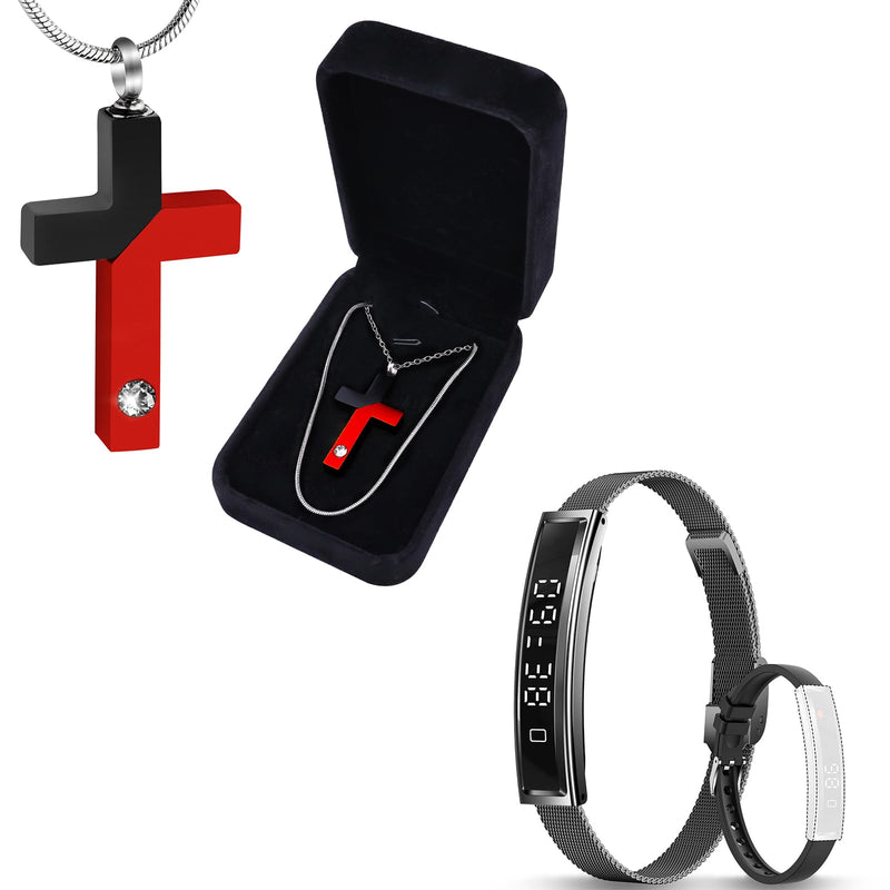 Smart Bracelet Fitness Tracker B3 & Cremation Ashes Cross Necklace Set, 5ATM Waterproof Health Tracker Band with 24/7 Heart Rate Sleep Monitor & Stainless Steel Memorial Urn Pendant with Fillin