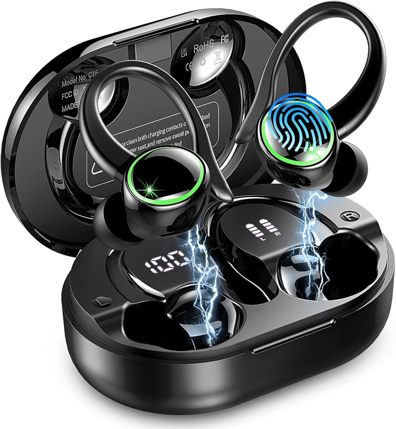 Wireless Earbuds Sports, Bluetooth 5.4 Headphones Hifi Stereo, IP7 Waterproof, Over Ear Buds with 50H Playback, Earhooks Design, ENC Noise Cancelling Mic, Fitness Headset for Gym Running Workout Dark Black