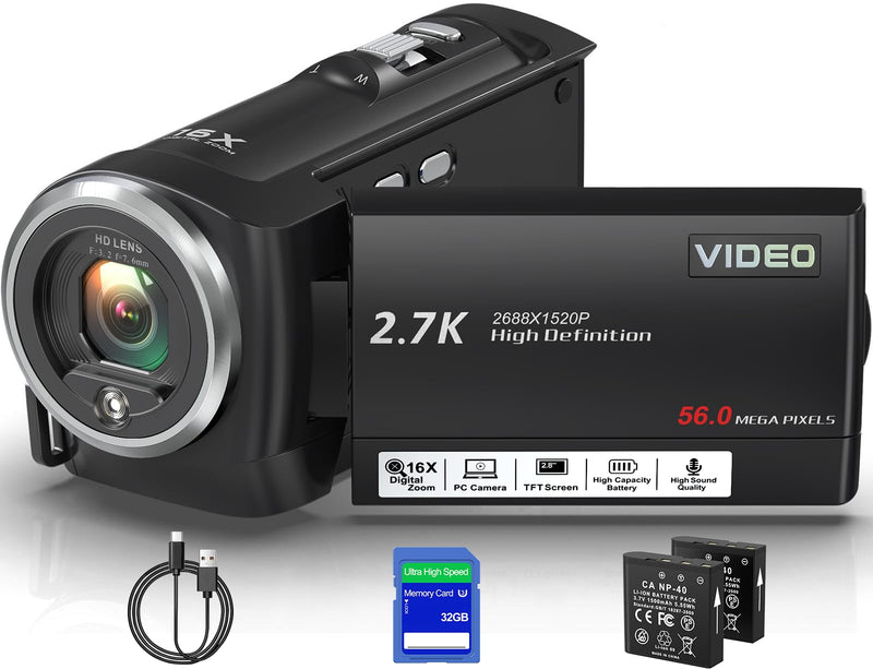 Video Camera Camcorder, QHD 2.7K 56MP 16X Digital Zoom Vlogging Camera | 2.8" 270° Rotatable Screen Camcorder, Built-in LED Fill Light Camcorder for YouTube with 32GB Card and Two Batteries Charcoal