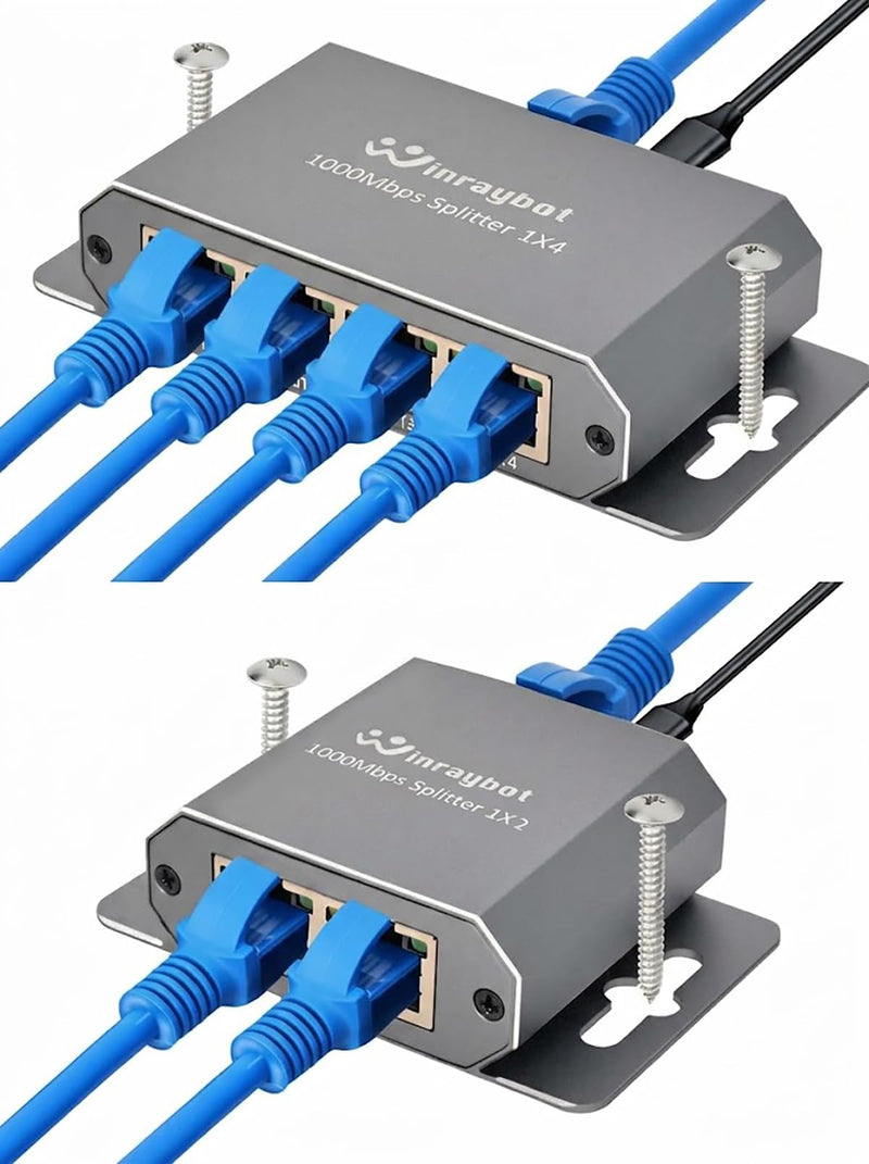 Gigabit Ethernet Splitter 4 Port & 2 Port with Wall Mount Ears for Home Office PS5 Router Smart TV Plug & Play 1000Mbps Powered Network Switch 1 to 4 Ethernet Hub 1 to 2