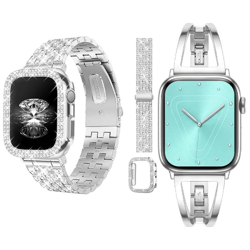 JR.DM Diamond Bands with Bling Case Trangle Stainless Steel Watch Band Bundle Compatible with Apple Watch 38mm 40mm 41mm 42mm 44mm 46mm 45mm 49mm for iWatch Series 11/10/9/8/7/6/5/4/3/2/1/SE/Ultra