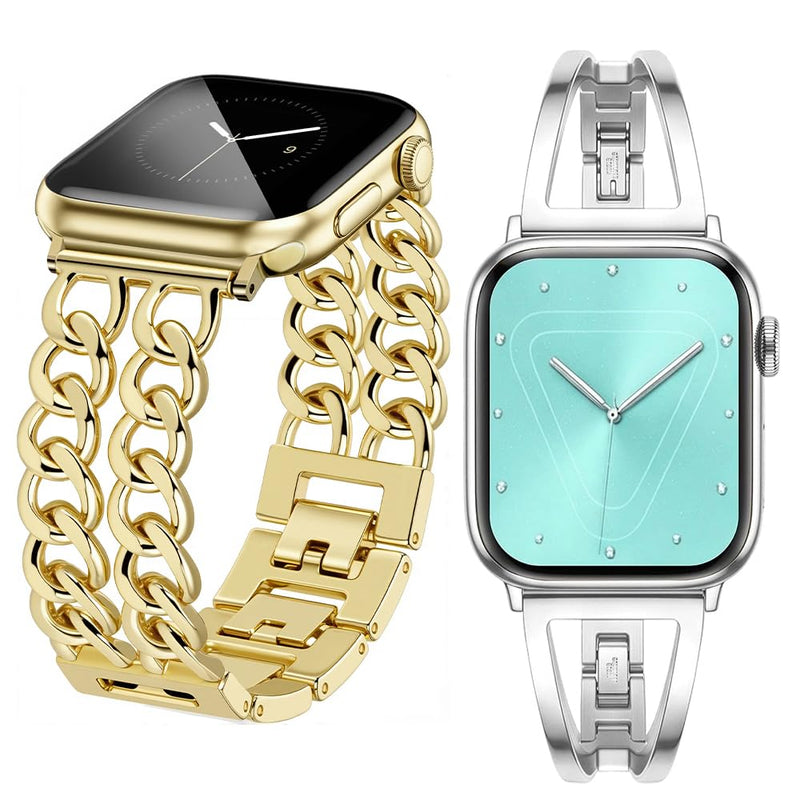 JR.DM Gold Double Chain Band Trangle Stainless Steel Watch Band Bundle Compatible with Apple Watch 38mm 40mm 41mm 42mm 44mm 46mm 45mm 49mm for iWatch Series 11/10/9/8/7/6/5/4/3/2/1/SE/Ultra