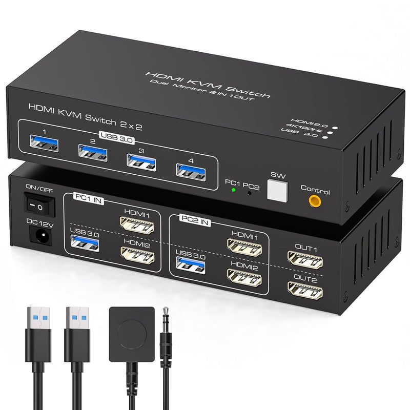 4K@120Hz KVM Switch 2 Monitors 2 Computers 8K@60Hz HDMI KVM Switch Share Dual Monitor and 4 USB Devices Support Extended/Copy Mode with USB 3.0 Cables and Extended Controller Black
