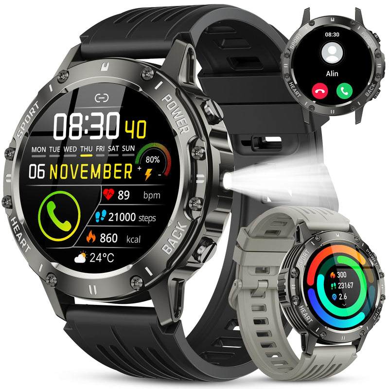 Smart Watch for Men Fitness Tracker: Bluetooth Waterproof Make Answer Call Digital Mens Watches Running Step Pedometer Smartwatch for Android Phones iPhone Samsung Compatible Sleep Heart Rate Monitor Black