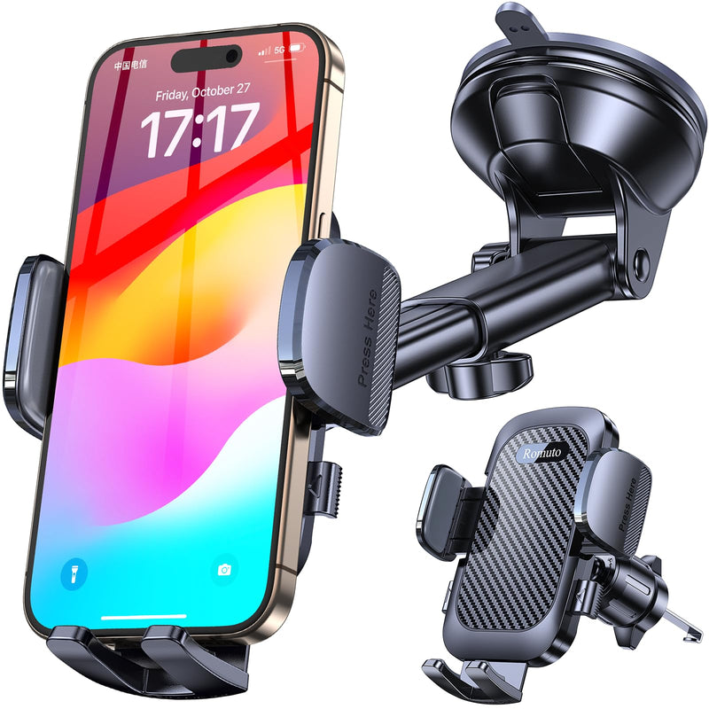 Romuto Car Phone Holder Mount [True Military-Grade Suction & Stable Vent] | Phone Holders for Your Car Phone Mount Car Accessories Suction Phone Mount for Jeep BMW Truck Cradle Stand for iPhone Samsung Clear Black