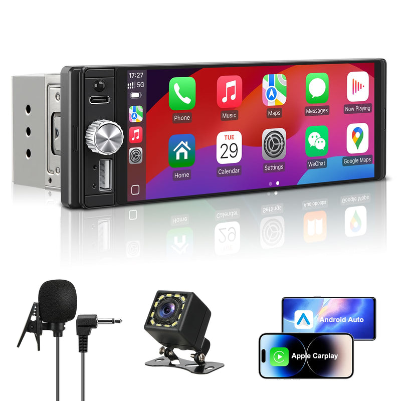 Single Din Radio Car Stereo with CarPlay & Android Auto, 6.28 Inch HD Touch CarPlay Screen, Backup Cam,Bluetooth, MP5,USB Type-C, SWC, EQ, FM Radio with External Mic black