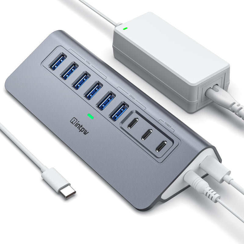 Powered USB Hub 10Gbps, intpw YH6AC 9-Port USB Splitter with USB A/USB C 3.2, 4 USB 3.0, 2 PD 45W Charging Ports, 65W Power Adapter + 3.3FT Cable, Aluminum USB Extender Hub for Laptop, PC,iPhone 17/16 Gray 9 Port
