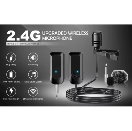 Professional 2.4G Wireless Microphone Set, Wireless Lavalier Microphone with Lavalier Lapel Mics, Compatible with Bus Amplifier, PA Speaker, Home Theater and Public Speaking, Wedding, Presentations