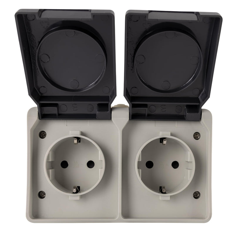 REV AquaBase 2-Way Wet Room Socket, 2-Pole, Splash-proof IP54, Horizontal, Surface-Mounted, Grey 1 x socket (2-way)
