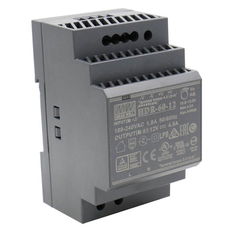 Mean Well Din-Rail power supply 54W 12V 4,5A ; MeanWell HDR-60-12 ; Panel Mount Single