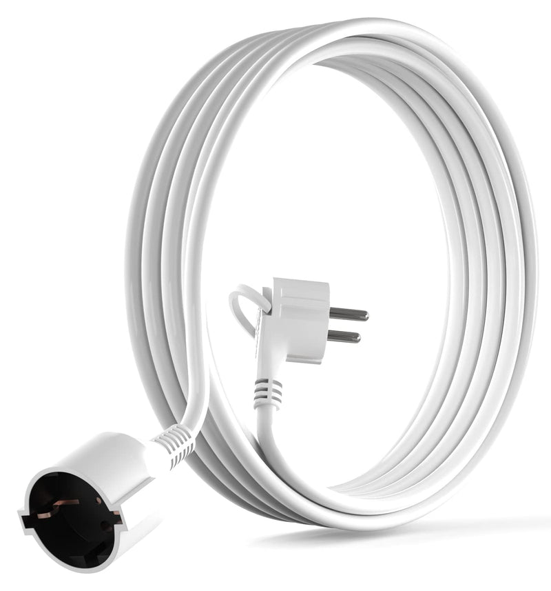 MutecPower 3 Metre Extension Cable with Flat Connector Quality Plastic Schuko Extension with Flat Plug Earthing Contact 90° Angle Plug and Earthing Contact Coupling up to 250V 16A IP20-3m White 3 metres