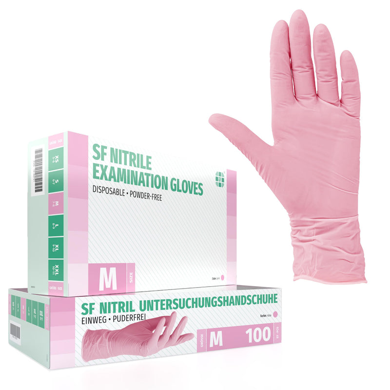 SF Nitrile Gloves M Pink - Pack of 100 Disposable Gloves, Medical Gloves, Powder-Free, Latex Free, Disposable Gloves for Cooking, Cleaning, Medicine, Kitchen, Cosmetics, Household