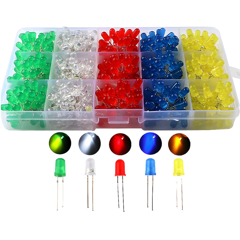 CESFONJER 500 pcs LED light diodes 5 mm, round colour diodes 5 mm 2-pin, (5 colours x 100 pcs), assorted colours white / red / yellow / green / blue kit box set.