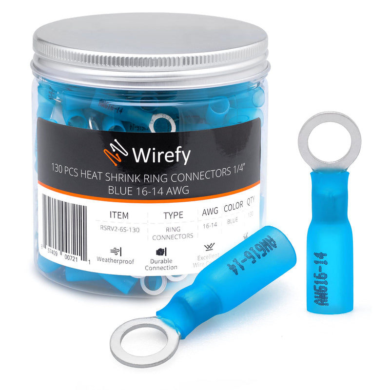 Wirefy 130 PCS Heat Shrink Ring Terminals 1/4" - a Resistant Ring Connectors - Eyelet Wire Connectors - Blue 16-14 AWG Ring 1/4" Blue 16-14 Gauge