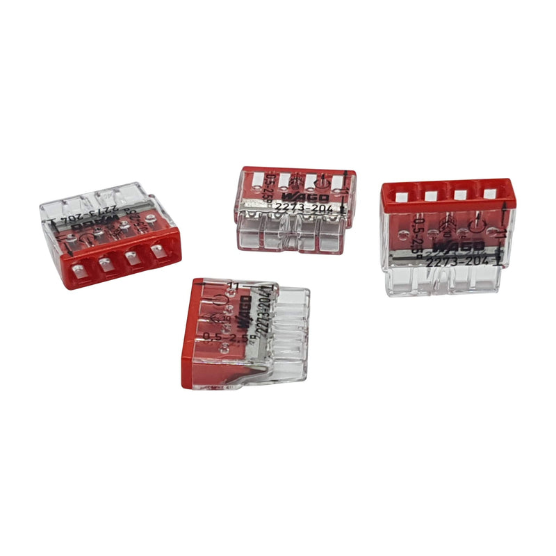 [AUSTRALIA] - Pack of 30 Wago 2273-204 Compact Connectors for Junction Boxes, Diameter 0.5 - 2.5 mm², 4-Pin, Transparent/Red 