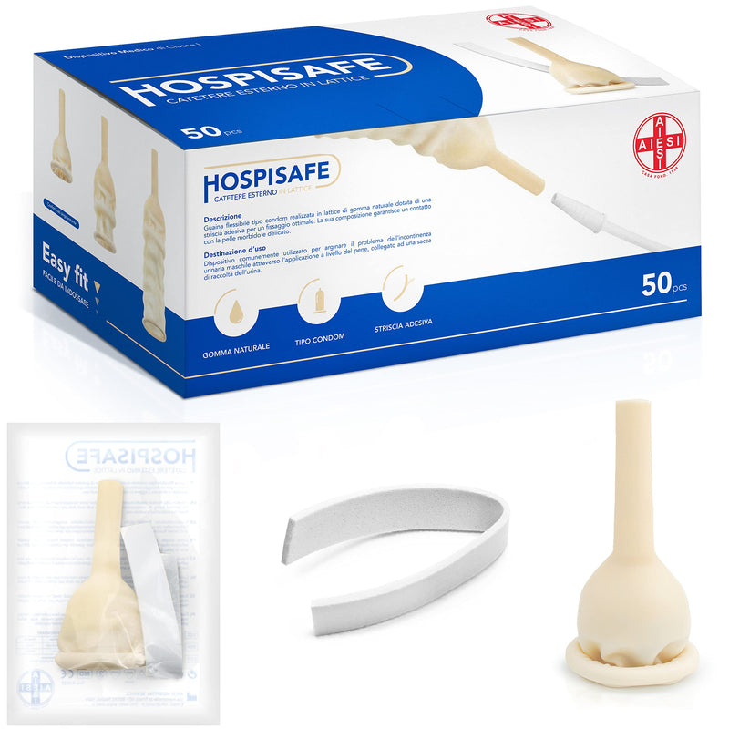 AIESI® HOSPISAFE External Latex Catheter for Men with Adhesive Strips Diameter 25 mm Individually Packed (Pack of 50) durchmesser 25 mm