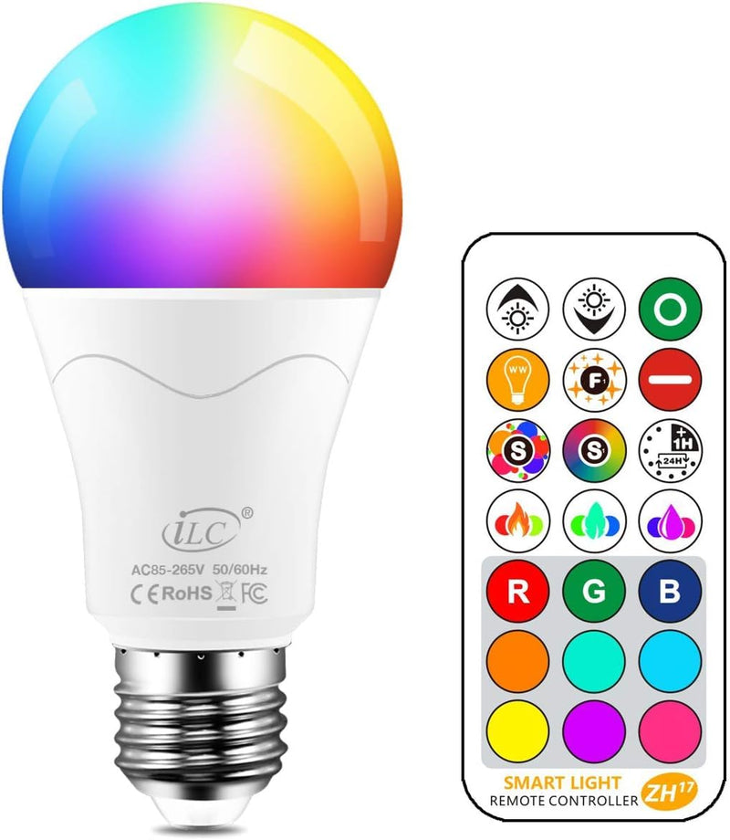 iLC LED Light Bulb Replaces 85W, 1000 Lumen, RGB Light Bulb With Remote Control, Colour Change, Warm White (2700 Kelvin), Edison E27 1 Stück (1er Pack)