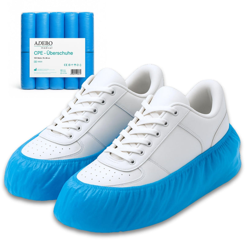 ADEBO Medical Disposable Shoe Covers - Pack of 100 Blue CPE Overshoes | Waterproof, Non-Slip, Tear Resistant | Universal Fit Galoshes | Disposable Shoe Cover standard