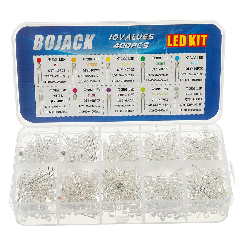 BOJACK 10 Colours 400 Pieces 3mm Lamp Diodes Assortment Kit Pack (Transparent, 2V - 3.2V, 20mA) Light Bulbs Electronic Components 3mm Light Emitting Diodes