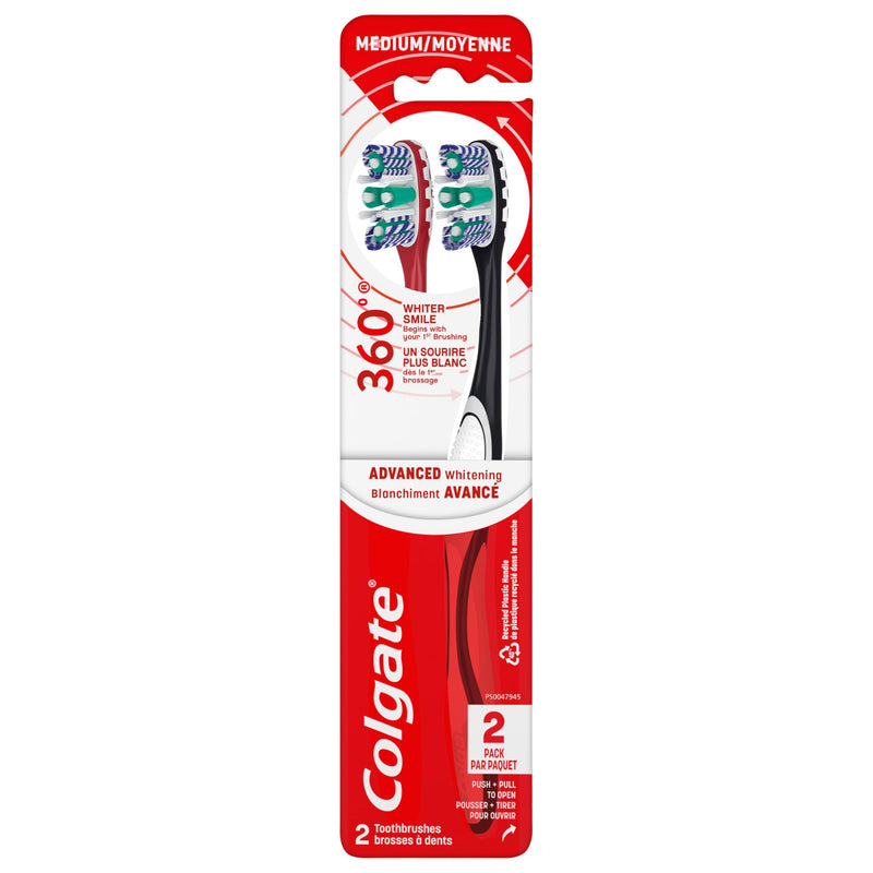 [AUSTRALIA] - Colgate 360 Optic White Advanced Whitening Toothbrush, Adult Medium Toothbrush with Whitening Cups, Helps Whiten Teeth and Removes Odor Causing Bacteria, 2 Pack 2 Count (Pack of 1) 