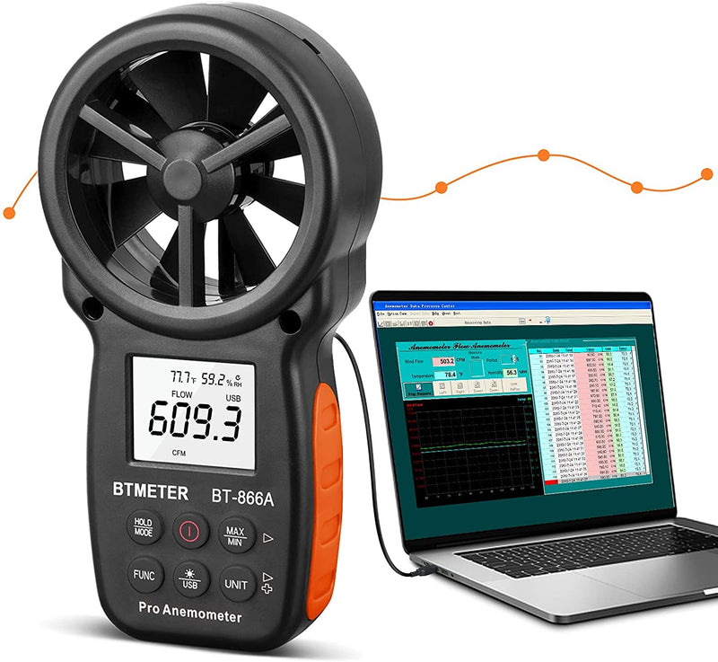 BTMETER BT-866A HVAC Anemometer for CFM Air Flow Handheld CFM Meter Connec to PC via USB Data Reading, Wind Speed Meter with Backlight for Kite Flying Sailing Surfing BT-866A (Air Flow Meter)