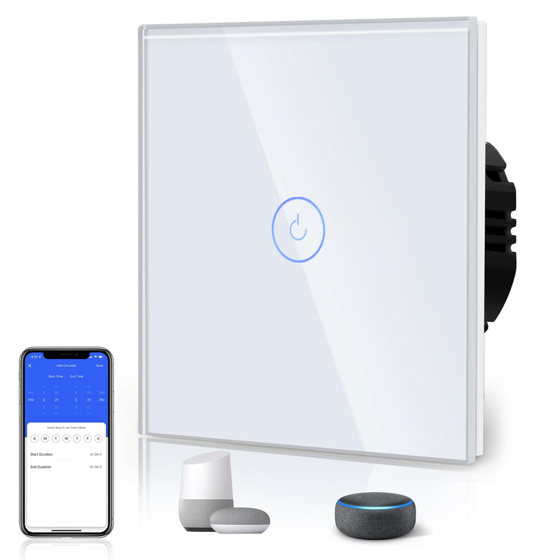 [AUSTRALIA] - BSEED Smart Wi-Fi Touch Sensor Light Switch, Crystal Glass Plate Wall Light Switches, Works with Alexa and Google Home via Tuya, for Office Decoration, 1-Gang, 1-Way, White (Neutral Wire Required) 1 partition 1 way 