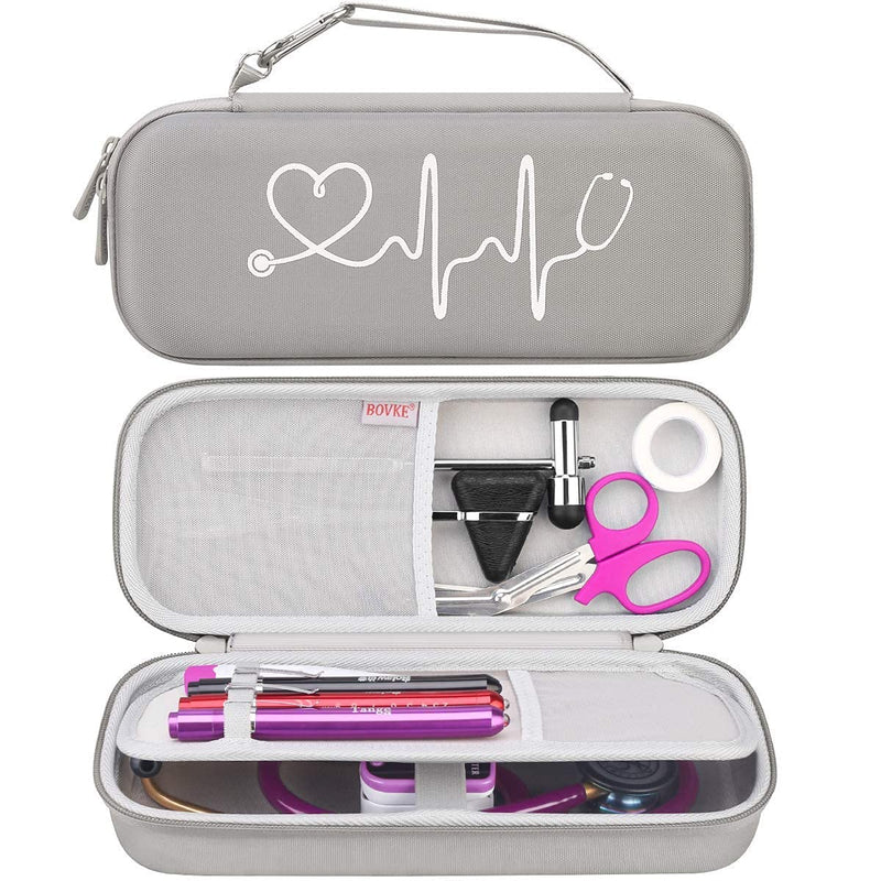 BOVKE Hard Stethoscope Case for 3M Littmann Classic III, Lightweight II S.E, Cardiology IV Diagnostic, MDF Acoustica Deluxe Stethoscopes - Extra Room for Taylor Percussion Hammer and Penlights, Gray