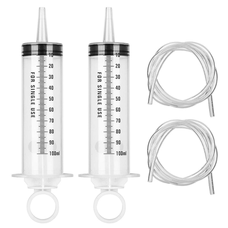 Hyber&Cara 100 ml Plastic Syringe with 100 cm Hose Made of PVC, Dosing Syringe, Feed Syringe, Marinating Syringe for Engine Oil, Brake Fluid Bleeding, Gardening, Pack of 2 100ml