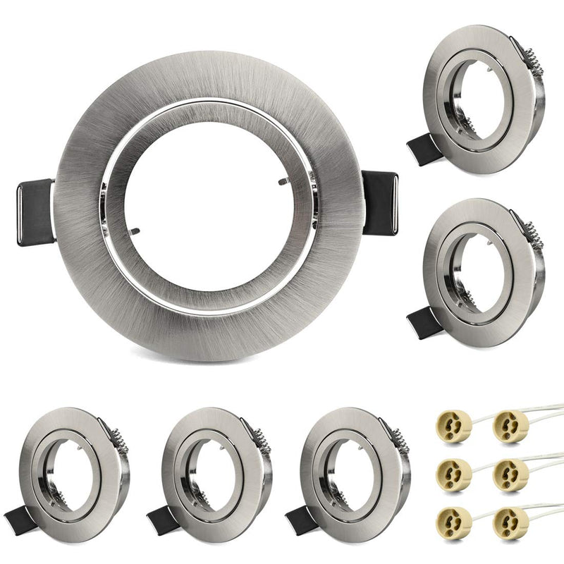 KYOTECH Set of 6 Recessed Light Frames, Recessed Spotlight Set - Mounting Frames in Brushed Aluminium Including GU10 sockets - Mounting Frames for GU10 Bulbs and LED Modules Brushed Nickel Schwenkbar,Aussendurchmesser 82mm
