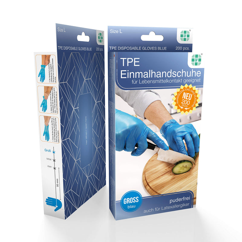 SF TPE Disposable Gloves, Size L, Pack of 200/Box, Disposable Examination Gloves, TPE Gloves, Powder-Free, Latex-Free, Non-Sterile, Latex-Free, Food Gloves L (200 Stück) blue