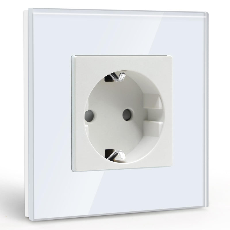 BSEED Schuko Socket, 1-Way Crystal Glass Panel Socket, Flush-Mounted Glass Socket, 16 A Socket, 86 mm, White, Extension Sockets, Wall Socket 1-gang