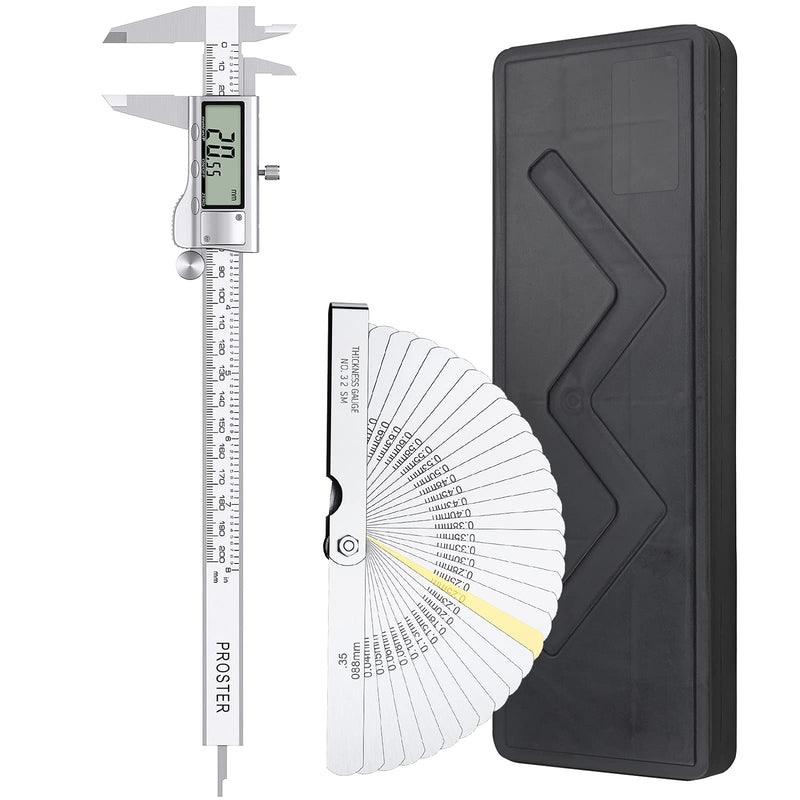Proster Digital Caliper 8 Inch/200 mm + 32 Feeler Gauge Calliper Stainless Steel Electronic Caliper Inch/Fractions/Metric Caliper for Length Width Depth Inner / Outer Diameter 200 mm