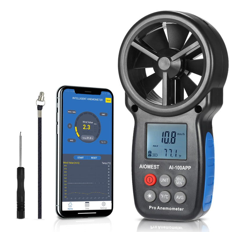 AIOMEST Bluetooth Anemometer Wind Meter with App, Portable Air Speed Meter AI-100APP with Data Logger, RLT System, Wind Gauge, Air Flow Meter, Carry Bag AI-100APP with Bluetooth app connection